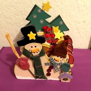 SNOWMAN COASTER SET 6 Wooden Cork Coasters Holder w/fabric scarfs, hats & bows